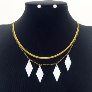 Geometric Rhombus Double Layer Chain Necklace With Pearl Earring Jewelry Set Women Stainless Steel 304 Gold Color - KS204212-BI