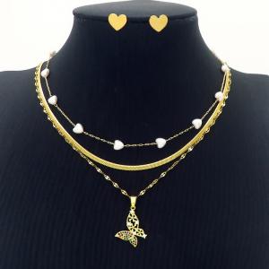 Butterfly Three Layer Chain Necklace With Heart Earring Jewelry Set Women Stainless Steel 304 Gold Color - KS204213-BI