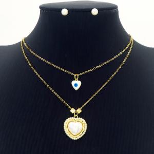 Love Heart Charm Double Layer Chain Necklace With Pearl Earring Jewelry Set Women Stainless Steel 304 Gold Color - KS204214-BI