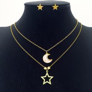 Moon Star Charm Double Layer Chain Necklace & Earring Jewelry Set Women Stainless Steel 304 Gold Color - KS204215-BI