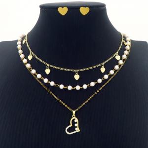 Heart Charm Three Layer Chain Necklace & Earring Jewelry Set Women Stainless Steel 304 Gold Color - KS204216-BI