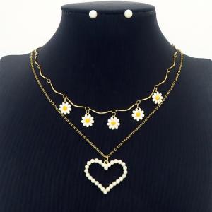 Heart & Sunflower Charm Double Layer Chain Necklace with Pearl Earring Jewelry Set Women Stainless Steel 304 Gold Color - KS204218-BI