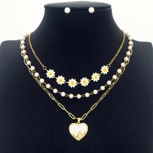 Heart & Sunflower Charm Three Layer Chain Necklace with Pearl Earring Jewelry Set Women Stainless Steel 304 Gold Color - KS204219-BI