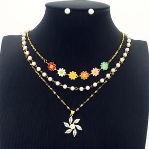 Sunflower Charm Three Layer Chain Necklace with Pearl Earring Jewelry Set Women Stainless Steel 304 Gold Color - KS204220-BI