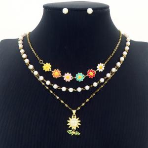 Sunflower Charm Three Layer Chain Necklace with Pearl Earring Jewelry Set Women Stainless Steel 304 Gold Color - KS204221-BI