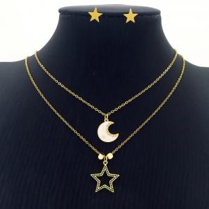 Moon Star Charm Double Layer Chain Necklace & Earring Jewelry Set Women Stainless Steel 304 Gold Color - KS204222-BI