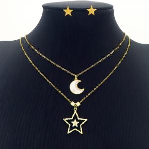 Moon Star Charm Double Layer Chain Necklace & Earring Jewelry Set Women Stainless Steel 304 Gold Color - KS204224-BI