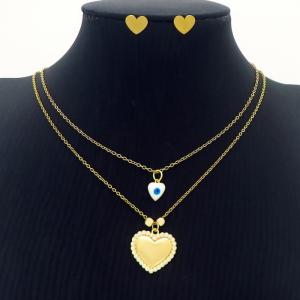 Love Heart Charm Double Layer Chain Necklace & Earring Jewelry Set Women Stainless Steel 304 Gold Color - KS204225-BI