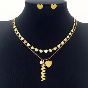 MAMA Love Heart Charm Double Layer Chain Necklace & Earring Jewelry Set Women Stainless Steel 304 Gold Color - KS204227-BI