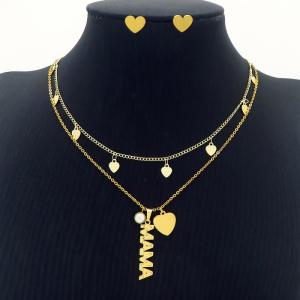 MAMA Love Heart Charm Double Layer Chain Necklace & Earring Jewelry Set Women Stainless Steel 304 Gold Color - KS204228-BI