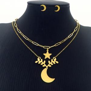 Moon Star Charm Double Layer Chain Necklace & Earring Jewelry Set Women Stainless Steel 304 Gold Color - KS204229-BI