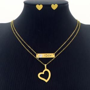 Love Heart Charm Double Layer Chain Necklace & Earring Jewelry Set Women Stainless Steel 304 Gold Color - KS204230-BI