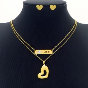 Love Heart Charm Double Layer Chain Necklace & Earring Jewelry Set Women Stainless Steel 304 Gold Color - KS204231-BI