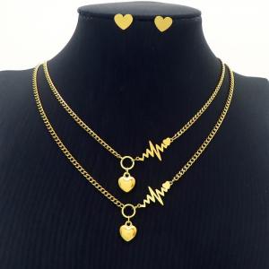 Love Heart Charm Double Layer Chain Necklace & Earring Jewelry Set Women Stainless Steel 304 Gold Color - KS204232-BI