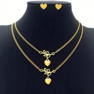 Love Heart Charm Double Layer Chain Necklace & Earring Jewelry Set Women Stainless Steel 304 Gold Color - KS204233-BI