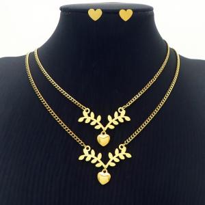 Love Heart Charm Double Layer Chain Necklace & Earring Jewelry Set Women Stainless Steel 304 Gold Color - KS204234-BI