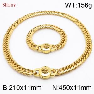 Personalized and trendy titanium steel polished whip chain, gold bracelet necklace set, paired with skull button - KS204620-Z