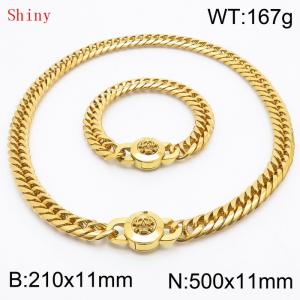 Personalized and trendy titanium steel polished whip chain, gold bracelet necklace set, paired with skull button - KS204621-Z
