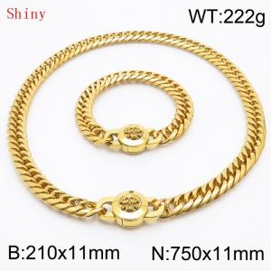 Personalized and trendy titanium steel polished whip chain, gold bracelet necklace set, paired with skull button - KS204626-Z