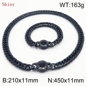 Personalized and trendy titanium steel polished whip chain black bracelet necklace set, paired with skull button - KS204634-Z