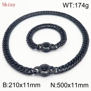 Personalized and trendy titanium steel polished whip chain black bracelet necklace set, paired with skull button - KS204635-Z