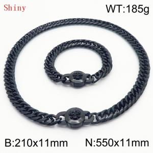 Personalized and trendy titanium steel polished whip chain black bracelet necklace set, paired with skull button - KS204636-Z