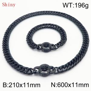 Personalized and trendy titanium steel polished whip chain black bracelet necklace set, paired with skull button - KS204637-Z