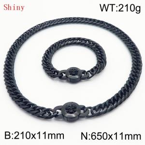 Personalized and trendy titanium steel polished whip chain black bracelet necklace set, paired with skull button - KS204638-Z