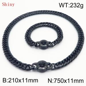 Personalized and trendy titanium steel polished whip chain black bracelet necklace set, paired with skull button - KS204640-Z