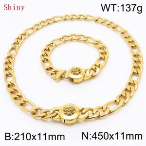 Punk Cuban Chains Skull Clasp 210×11mm Bracelet 450×11mm Nacklace For Men Gold Color Hip Hop Thick Stainless Steel Big Chunky NK Chain Jewelry Sets Wholesale - KS204641-Z
