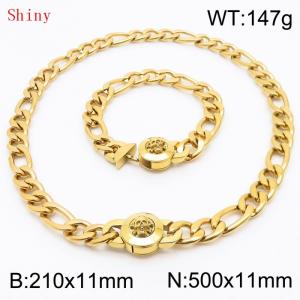 Punk Cuban Chains Skull Clasp 210×11mm Bracelet 500×11mm Nacklace For Men Gold Color Hip Hop Thick Stainless Steel Big Chunky NK Chain Jewelry Sets Wholesale - KS204642-Z
