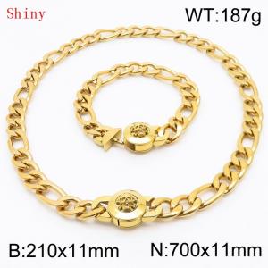 Punk Cuban Chains Skull Clasp 210×11mm Bracelet 700×11mm Nacklace For Men Gold Color Hip Hop Thick Stainless Steel Big Chunky NK Chain Jewelry Sets Wholesale - KS204646-Z