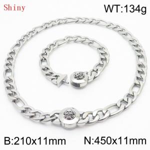 Punk Cuban Chains Skull Clasp 210×11mm Bracelet 450×11mm Nacklace For Men Silver Color Hip Hop Thick Stainless Steel Big Chunky NK Chain Jewelry Sets Wholesale - KS204648-Z