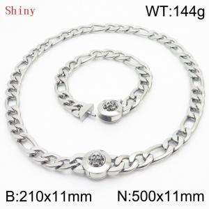 Punk Cuban Chains Skull Clasp 210×11mm Bracelet 500×11mm Nacklace For Men Silver Color Hip Hop Thick Stainless Steel Big Chunky NK Chain Jewelry Sets Wholesale - KS204649-Z