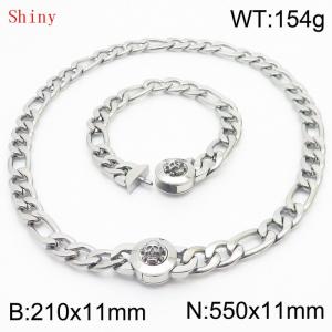 Punk Cuban Chains Skull Clasp 210×11mm Bracelet 550×11mm Nacklace For Men Silver Color Hip Hop Thick Stainless Steel Big Chunky NK Chain Jewelry Sets Wholesale - KS204650-Z