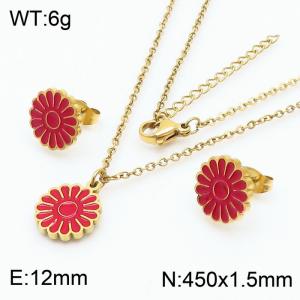 European and American fashion stainless steel red drop glue small daisy flower lady charm gold set - KS204725-TJG