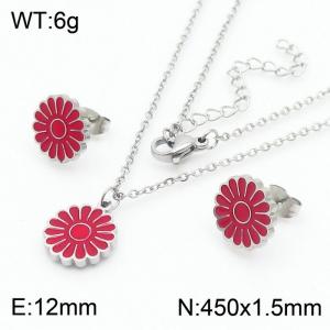 European and American fashion stainless steel red drop glue small daisy flower lady charm silver set - KS204726-TJG