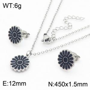 European and American fashion stainless steel black drop glue small daisy flower lady charm silver set - KS204730-TJG