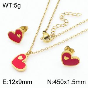 European and American fashion stainless steel red drop glue heart-shaped women's charm gold set - KS204731-TJG