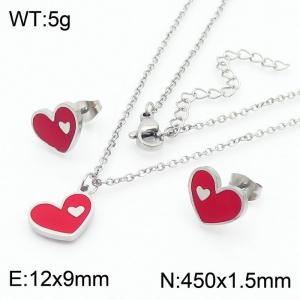 European and American fashion stainless steel red drop glue heart-shaped women's charm silver set - KS204732-TJG