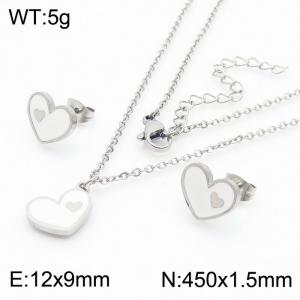 European and American fashion stainless steel white drop glue heart-shaped women's charm silver set - KS204734-TJG