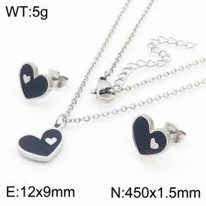 European and American fashion stainless steel black drop glue heart-shaped women's charm silver set - KS204736-TJG