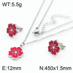 European and American fashion stainless steel red drop glue small cherry blossom lady charm silver set - KS204738-TJG