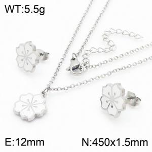 European and American fashion stainless steel white drop glue small cherry blossom lady charm silver set - KS204740-TJG