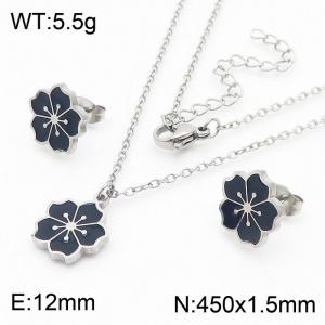 European and American fashion stainless steel black drop glue small cherry blossom flower lady charm silverset - KS204742-TJG