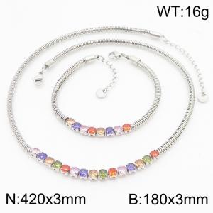 Japan and South Korea trend stainless steel color zircon women's jewelry two-piece set - KS204746-WGTH