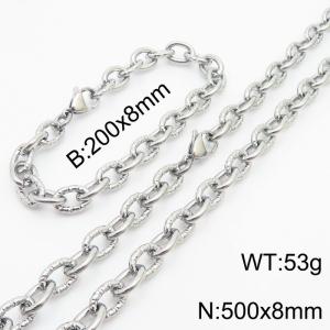 8mm steel color embossed steel color men's Korean stainless steel bracelet necklace set - KS215163-Z