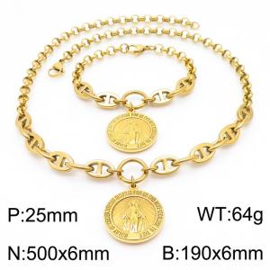 Women Gold-Plated Stainless Steel Christian Goddess Tag Jewelry Set with Double-Style Chain 500mm Necklace&190mm Bracelet - KS215244-Z