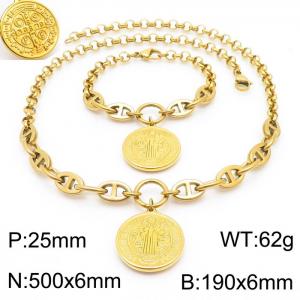 Women Gold-Plated Stainless Steel Christian Saint&Cross Tag Jewelry Set with Double-Style Chain 500mm Necklace&190mm Bracelet - KS215248-Z