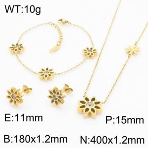 Fashionable stainless steel daisy flower inlaid transparent brick pendant charm jewelry 3-piece gold set - KS215278-KLX